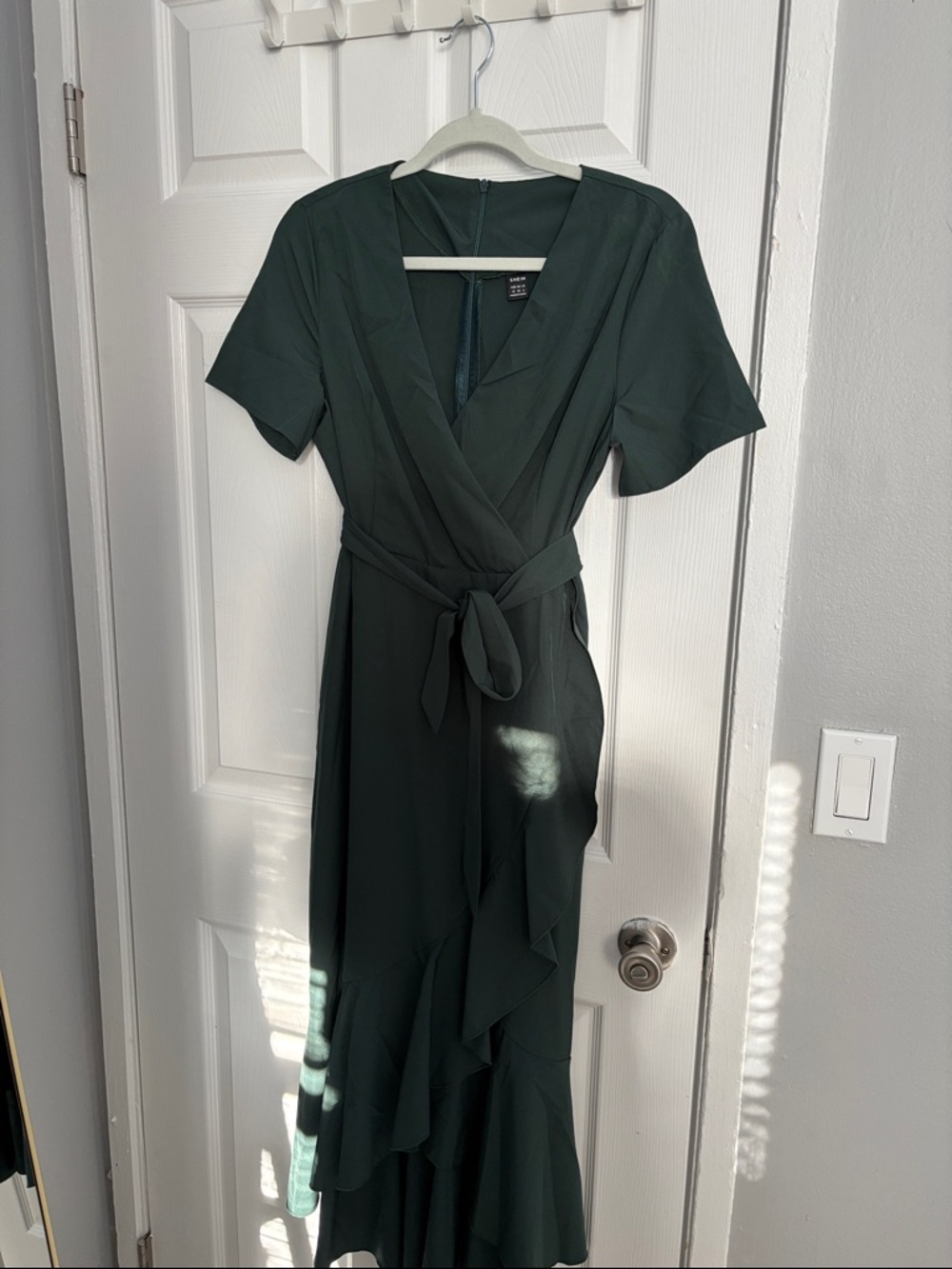 SHEIN Dark Green Midi Wrap Dress with Ruffle Hem
